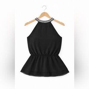 Love Stitch Black Chiffon Sleeveless Top Rhinestone Neckline Size Small